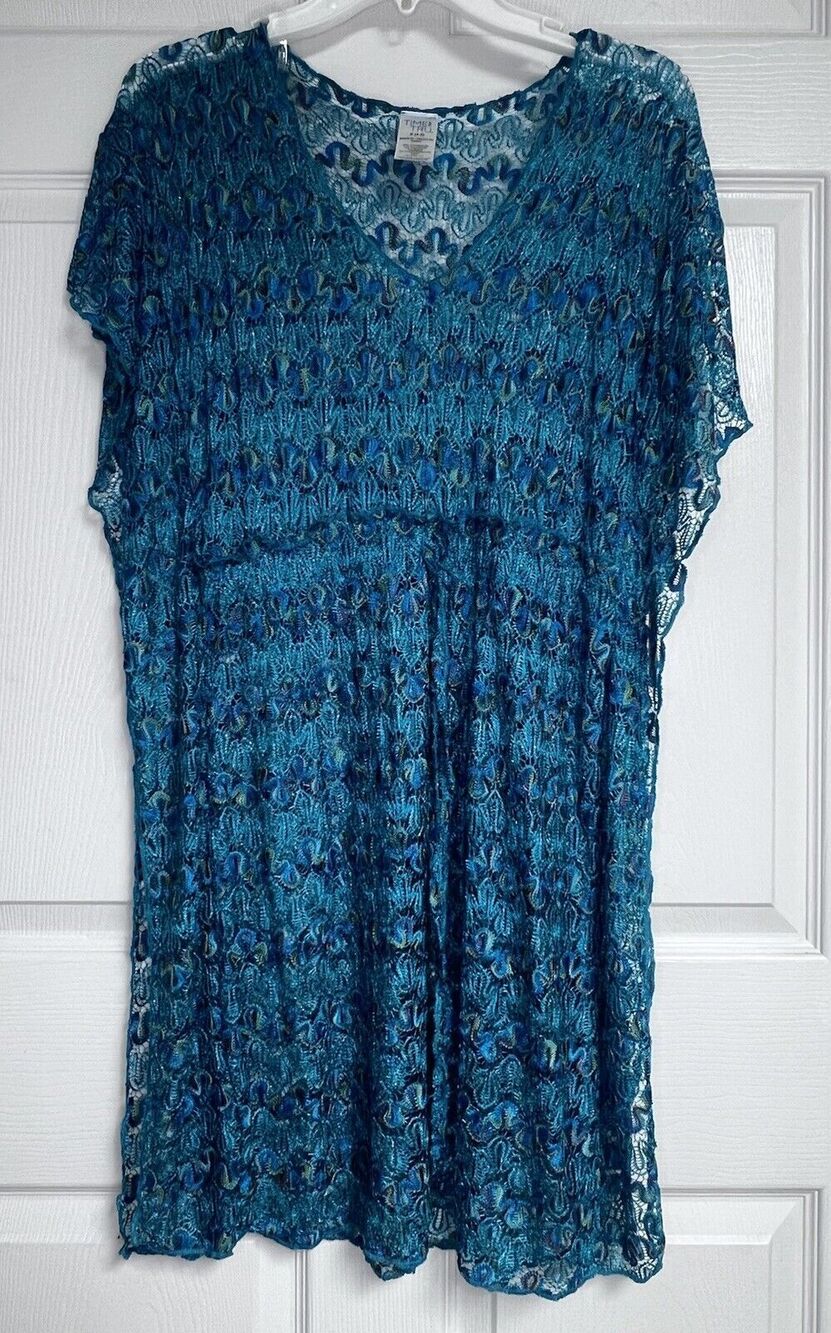 NWT Time Tru Sheer Floral Swim Cover Up Turquoise Blue S Cinch Waist Beachcore